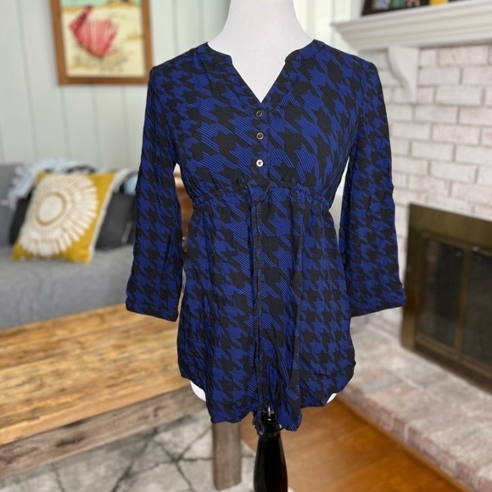 Motherhood Mathernity LONG SLEEVE BLOUSE SIZE S Blue Black Rayon